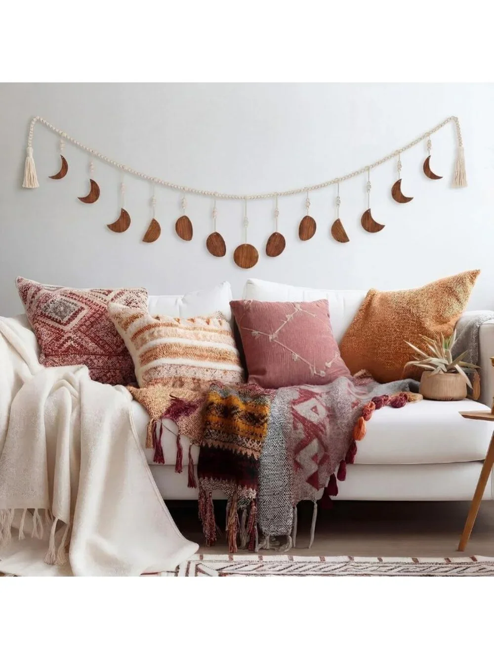 Boho Moon Phase Wall Art - Rattan Beaded Hanging Decor with Tassel for Bedroom
